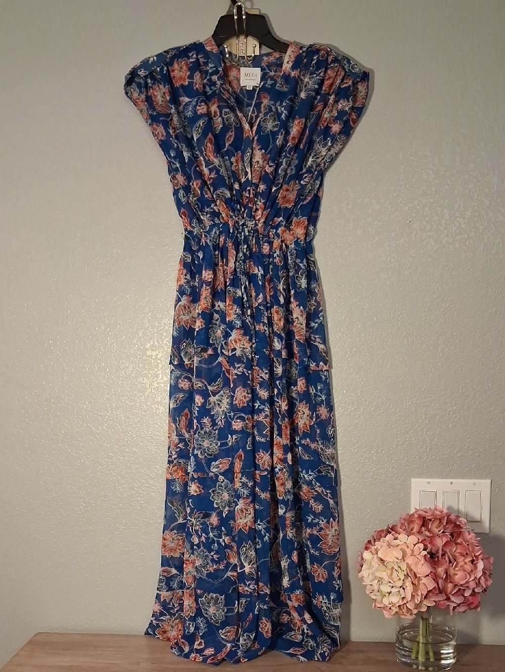 Misa Los Angeles Navy Floral Maxi Dress with Pink Accents